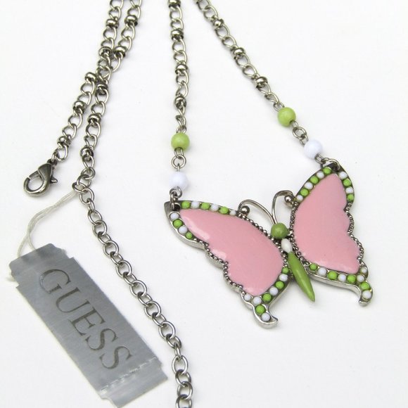 Guess Necklace Enamel Butterfly Pink Boho NWT - Picture 2 of 4